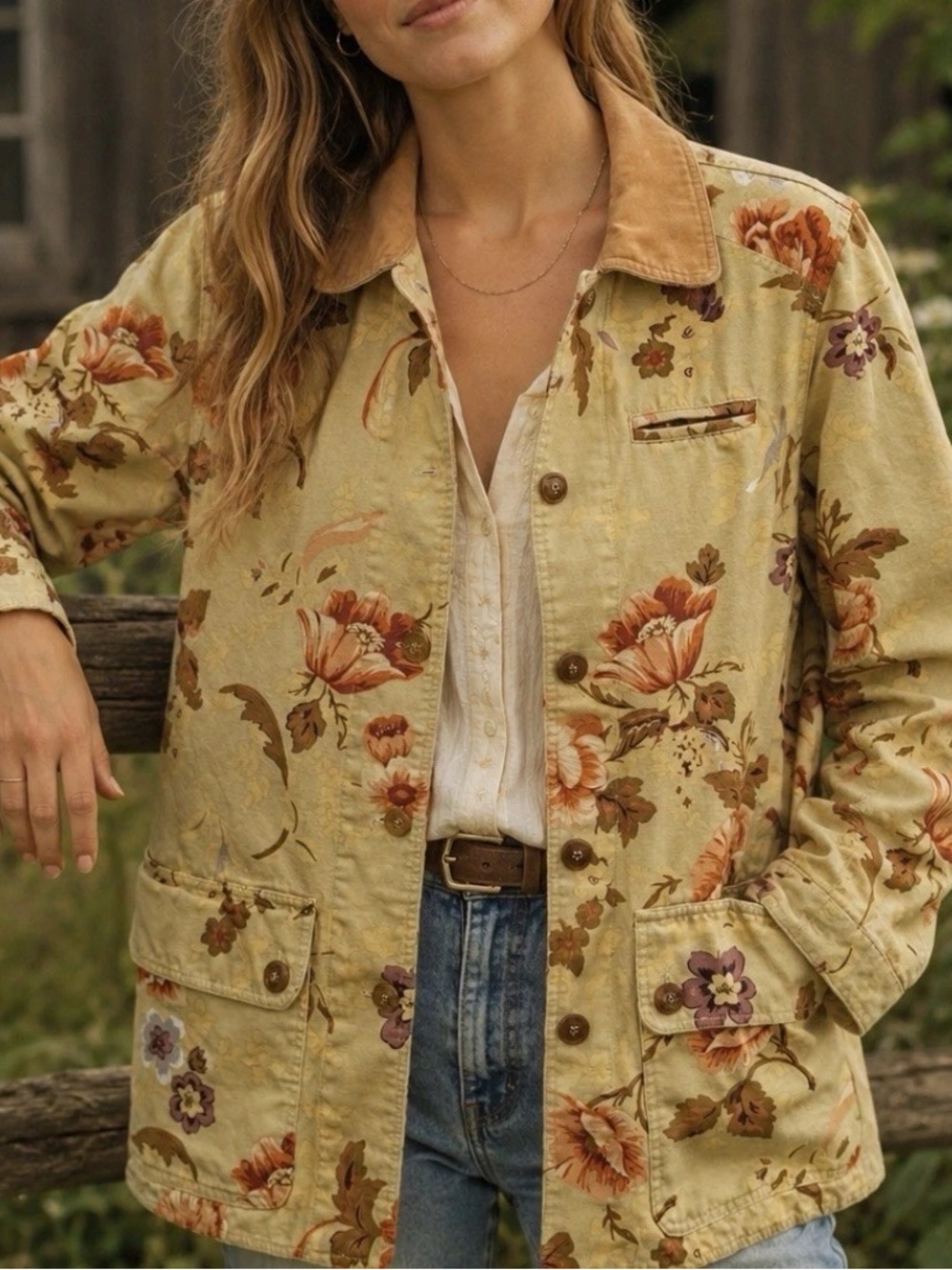 VTG Coldwater Creek CANVAS FLORAL Chore Jacket Farmhouse Velvet Trim Beige L